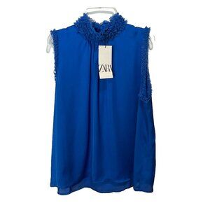 Zara Womens Satin Effect High Collar Blue Blouse top Size Small